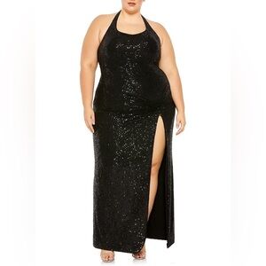 Ieena Mac Duggal 11279 High Slit Halter Neckline Dress Black Sequin Plus Size 20